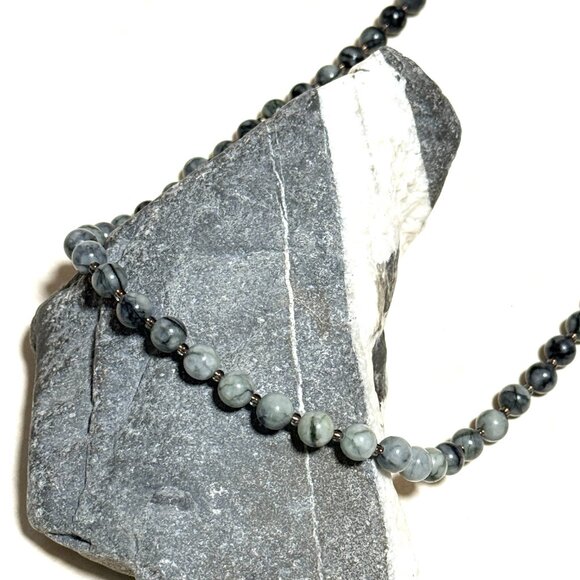 Dark Grey Marble Short Necklace, Genuine Gemstone Adjustable Beaded Necklace - Picture 3 of 10